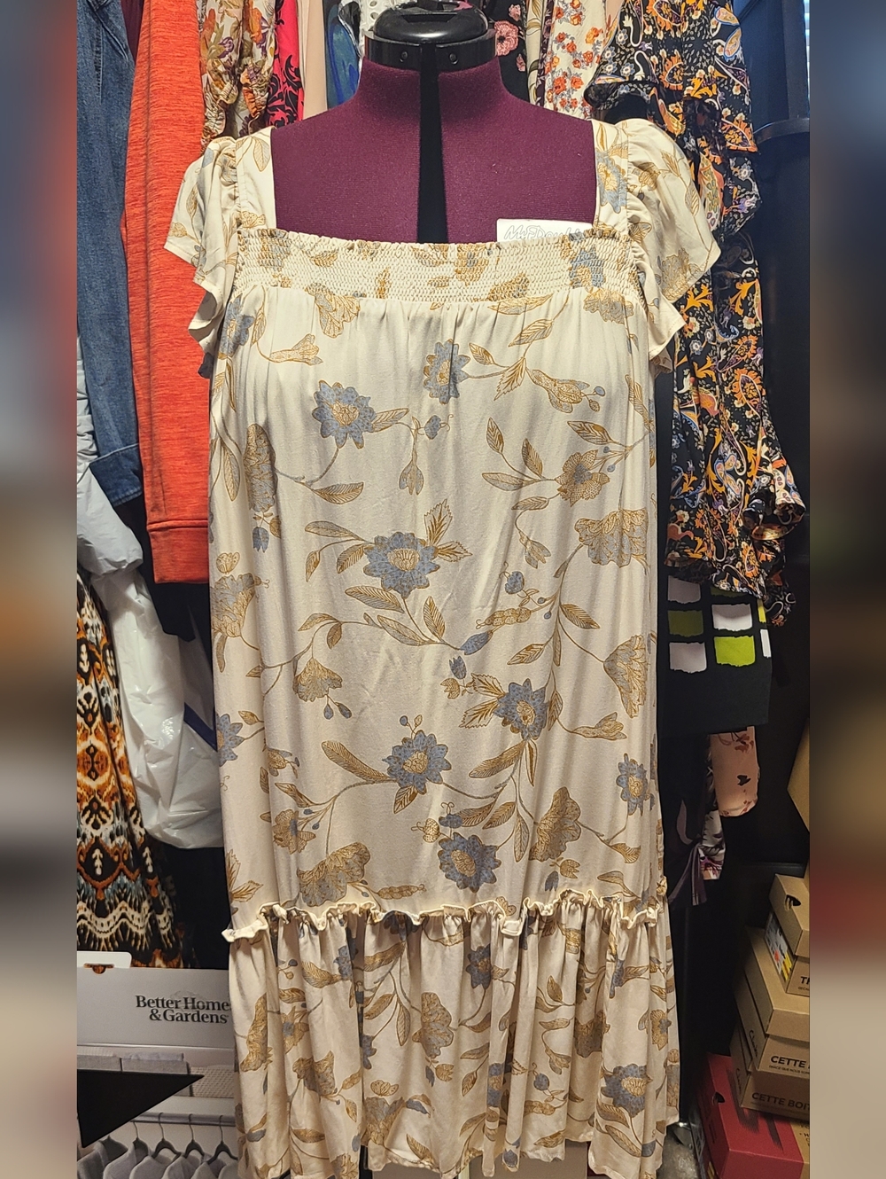 belk Cream Midi Dress with Blue and Gold Floral Print